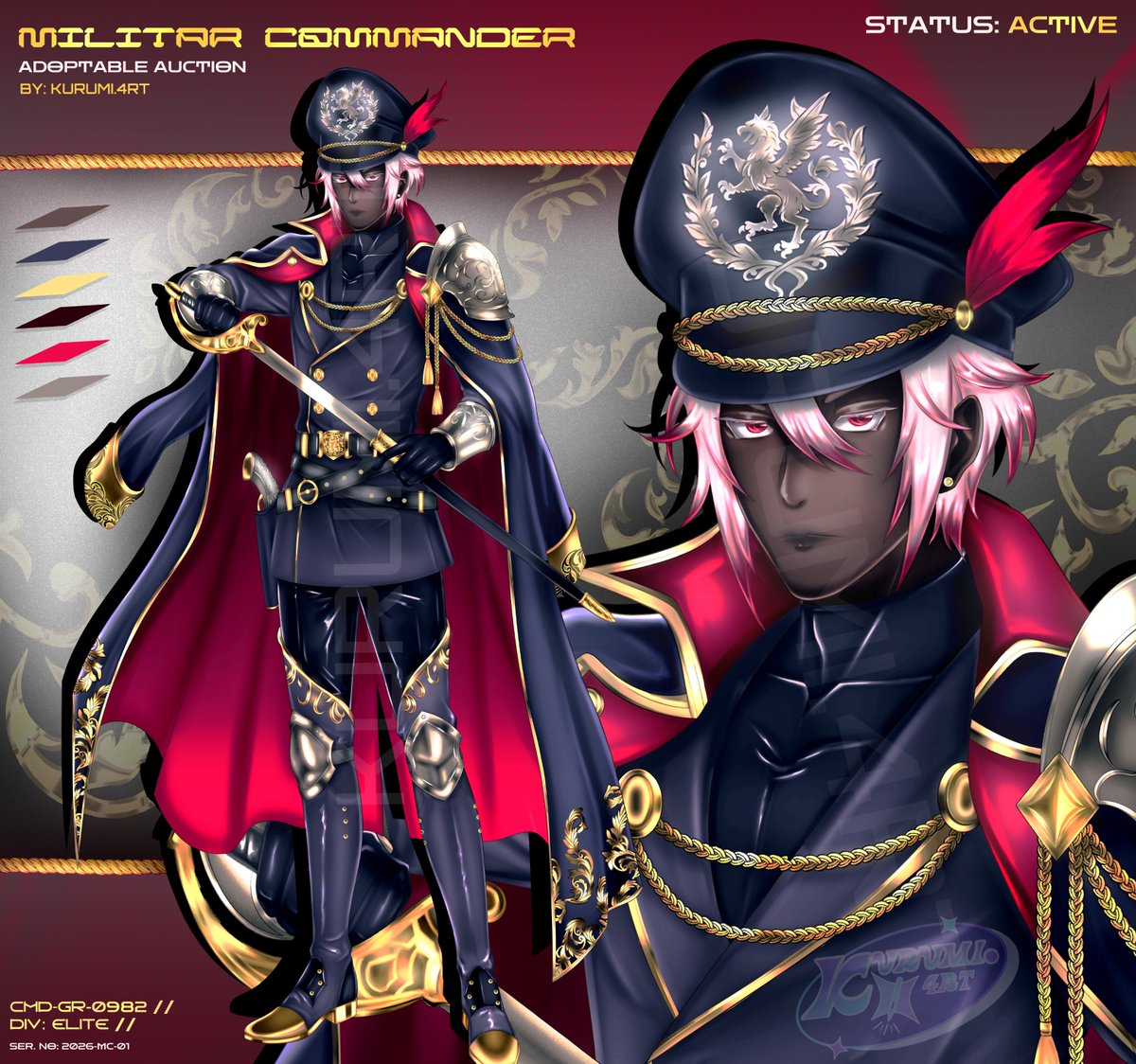 Militar Commander Adoptable
──── ⋅ ⋅ ─ ㆍ✦ 𖥔 ✦ㆍ ─ ⋅ ⋅ ────
Hello, little soldiers! I´m on mood for military fantasy~
Drawing shiny gold and silver 💛✨ So here a commander! ⚔️
✦ STATUS: Open Auction! ✦
toyhou.se/38118411.open-…