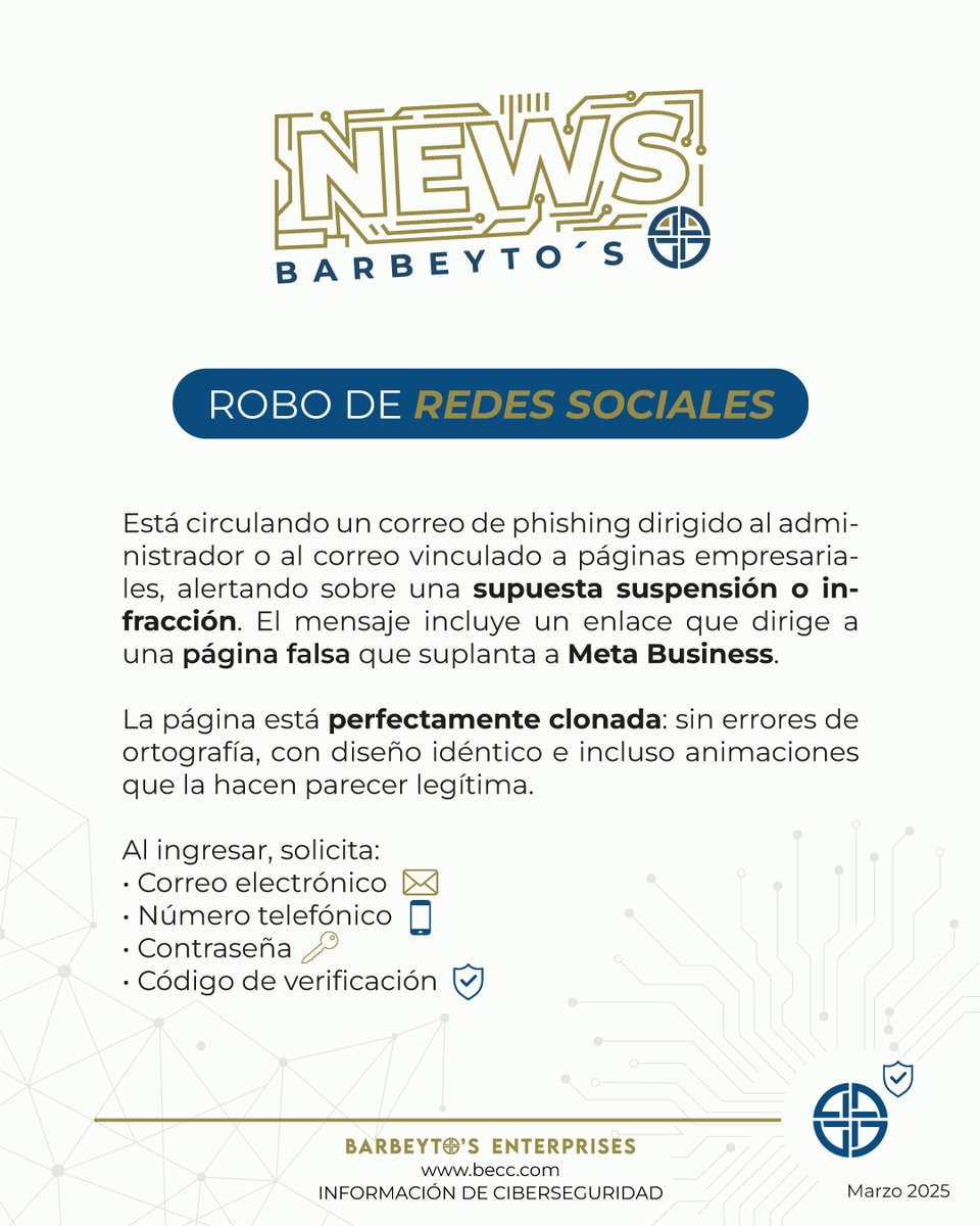 Becc_of's tweet photo. 🚨 Alerta: están robando páginas empresariales
⚠️ No hagas clic en enlaces sospechosos ni compartas códigos.Esta alerta fue compartida por Paco Web, creador de contenido especializado en ciberseguridad.

#Ciberseguridad #Phishing #RoboDeCuentas #MetaBusiness #SeguridadDigital🔐 https://t.co/6xiTbBZWac