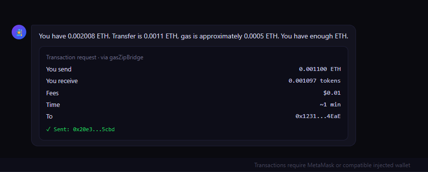 I just made history for myself by bridging  ETH from optimism to base with an agent i vibecoded using claude

moved eth with just a text and an authorization

> no route checking
> no multiple wallet pop-ups

everything worked smoothly!