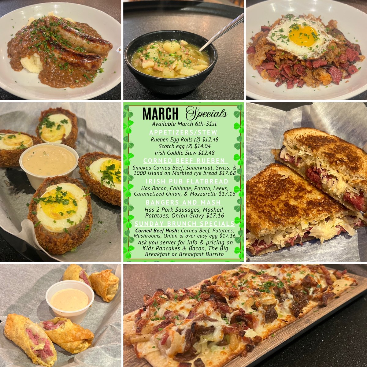 Irish Food Specials starting today at noon! 
Featured Irish Specials include: Reuben Egg Rolls, Smoked Corned Beef Reuben, Irish Stew, Scotch Eggs, Bangers &amp; Mash
And what’s Irish fare without great beer?
🍺 Irish Red Ale
🍺 Schwarzbier
🍺 Irish Stout
#irishfoodspecials