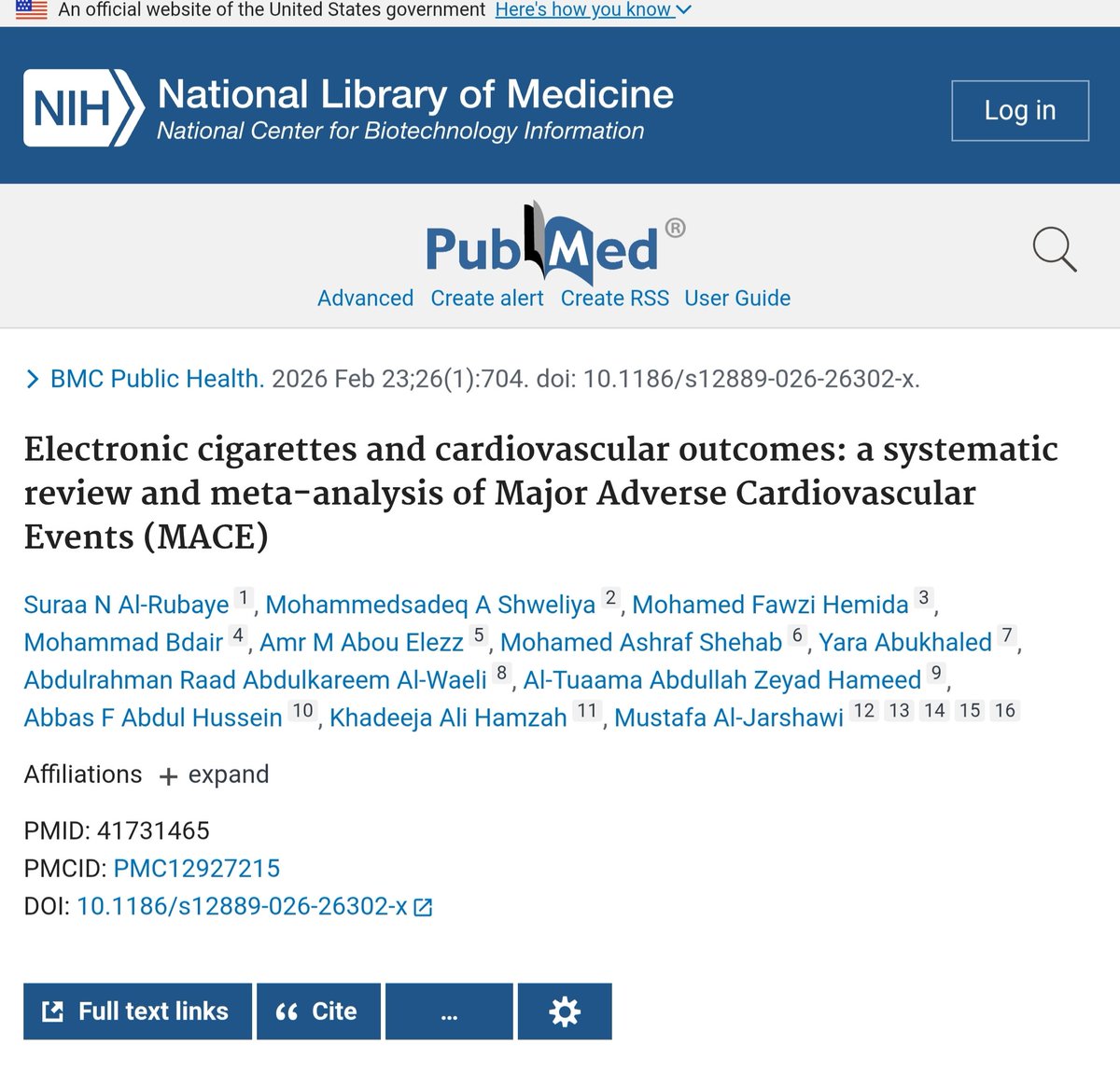 Hemida_MD's tweet image. Alhamdulillah!

Excited to share our latest publication in BMC Public Health (Q1; IF: 4).

Our meta-analysis (26 studies, &amp;gt;900,000 participants) found e-cigarette use associated with higher odds of major adverse cardiovascular events, including stroke and MI.

#Cardiology #Vaping