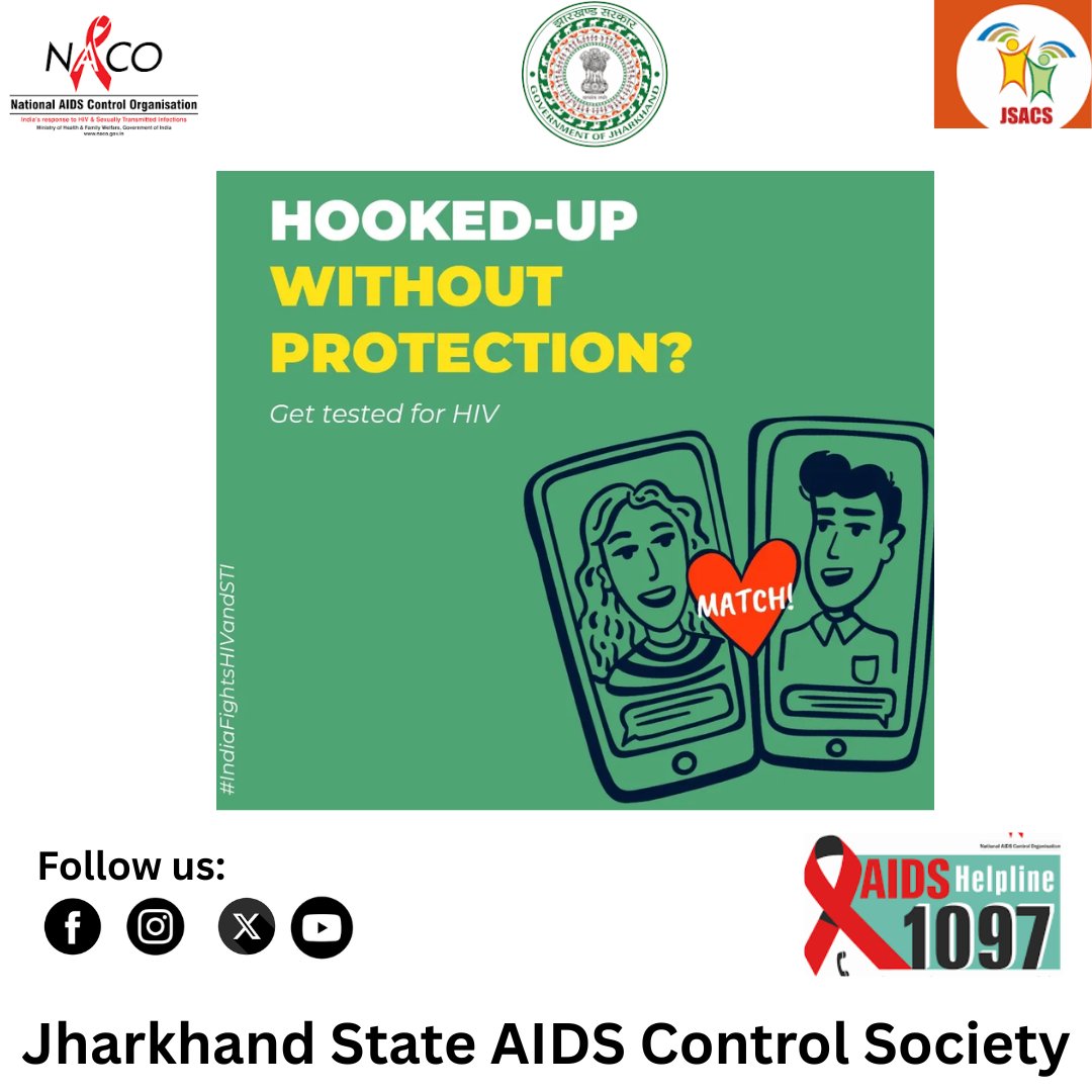 JharkhandAids's tweet photo. Safety first 🧡 If you've "hooked-up" without protection, don't leave your health to chance. Get tested for HIV and stay informed. Call 1097 for support.
#IndiaFightsHIVandSTI #JSACS #KnowYourStatus https://t.co/7SjZWYgzdz