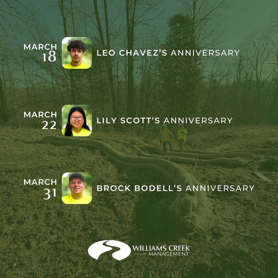 This March, Williams Creek is celebrating the work anniversaries of Leo, Lily, and Brock! Thank you, all, for your steadfast commitment and grit; we would not be where we are today without your hard work!

#WilliamsCreek #WilliamsCreekTeam #TeamCulture #WorkAnniversary