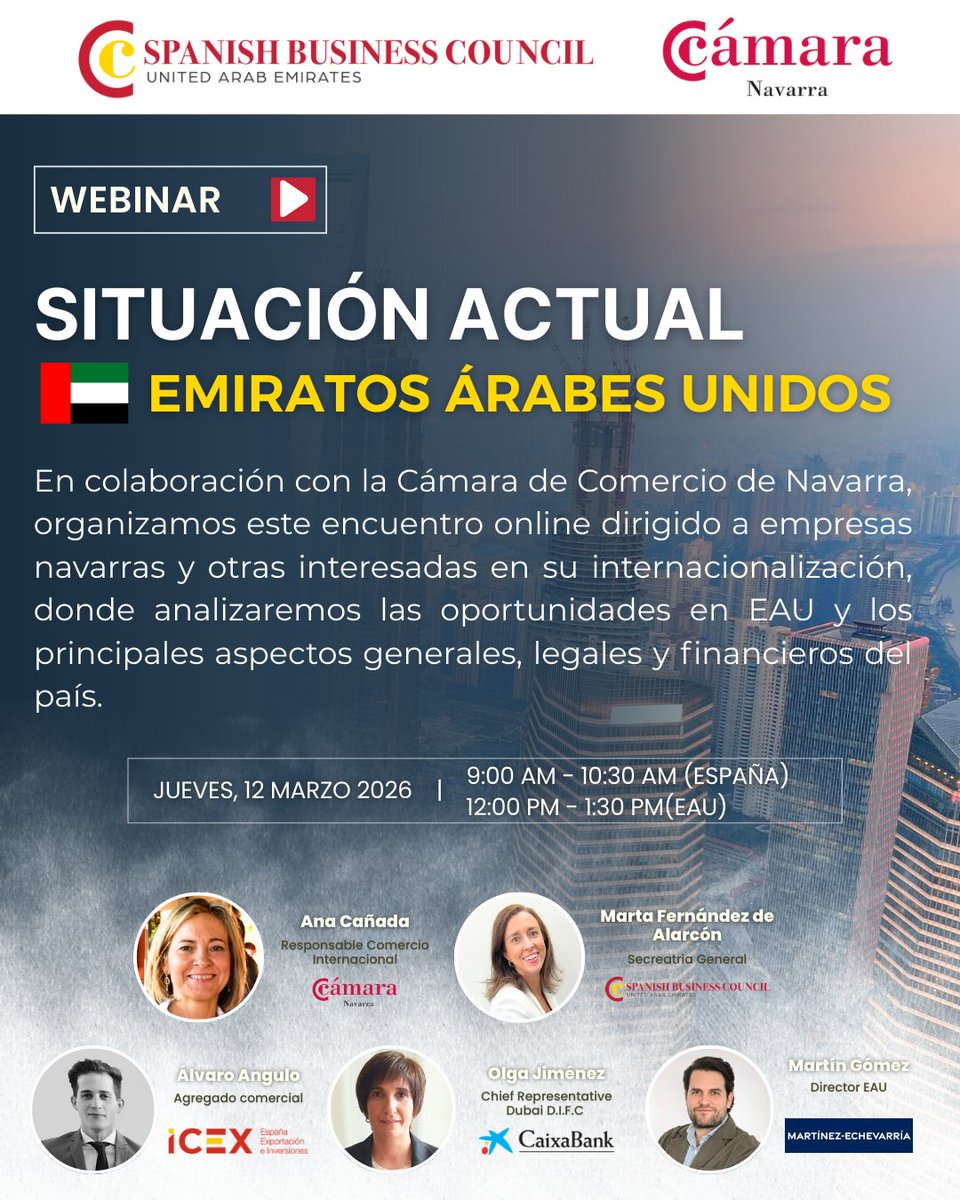 🌍 Webinar | Situación actual en Emiratos Árabes Unidos

Descubre las oportunidades de negocio en Emiratos Árabes Unidos en este webinar organizado junto a la <a href="/camaranavarra/">Cámara Navarra</a> 

spanishbusinesscouncil.ae/events/mercado…
#Internacionalización #Empresas #Navarra #EAU #BusinessOpportunities