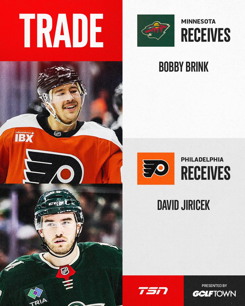 TSN_Sports's tweet image. Bobby Brink has been traded to the Minnesota Wild in exchange for David Jiricek, per multiple reports.

#TradeCentre @GolfTown