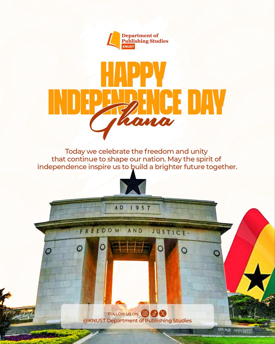 PublishingKNUST's tweet photo. Happy Independence Day, Ghana! 🇬🇭

In celebration of Ghana Month, the Department of Publishing Studies will hold a two-day cultural celebration featuring Traditional Attire Day and Print &amp; Fugu Day as we proudly represent our rich culture. #GhanaMonth2026 #GhanaIndependence https://t.co/IrRo8O53xu