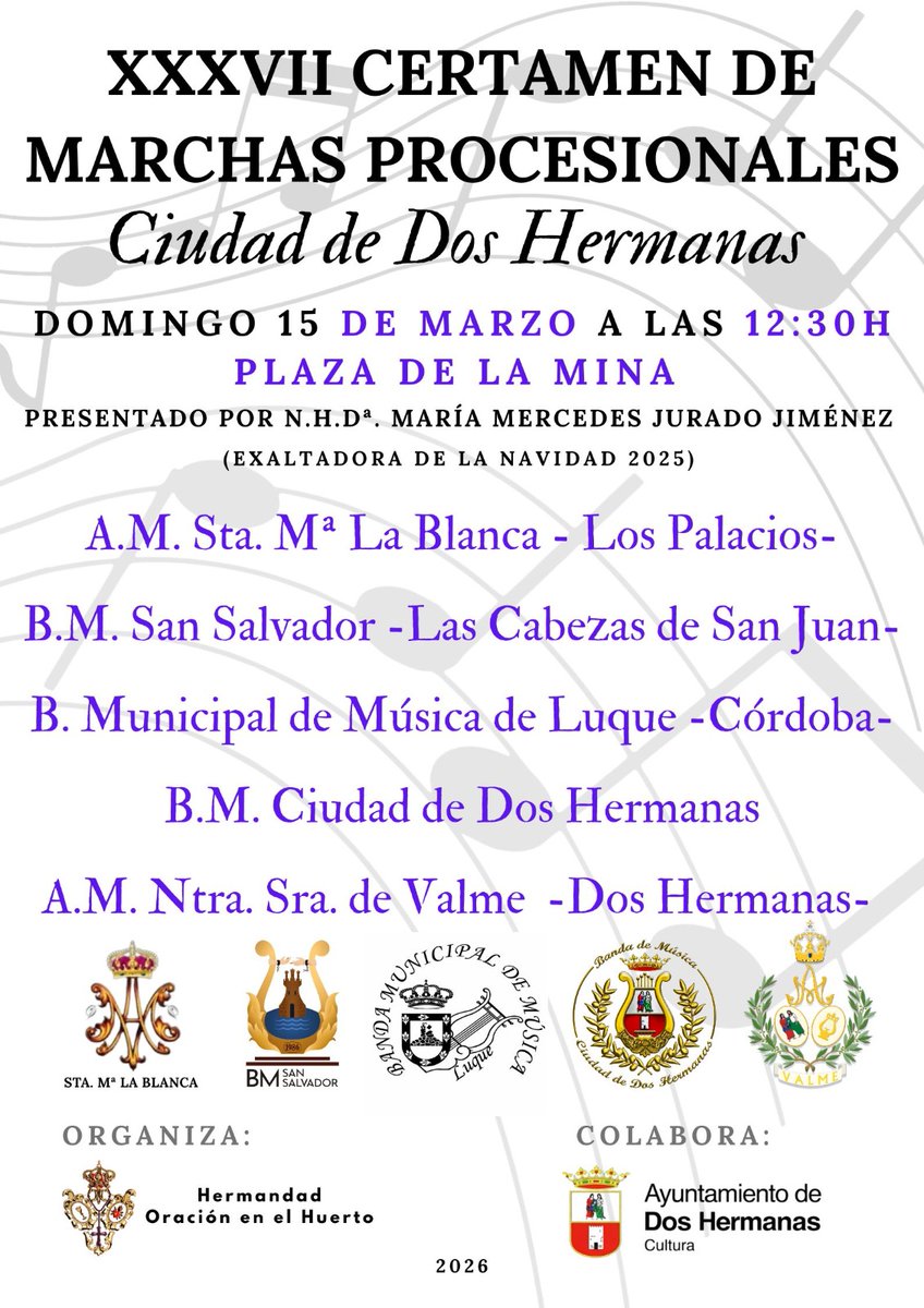 AMGranPoder's tweet photo. El próximo Domingo 15 de marzo nuestra Agrupación, participará en el 𝐗𝐗𝐗𝐕𝐈𝐈 𝐂𝐞𝐫𝐭𝐚𝐦𝐞𝐧 𝐝𝐞 𝐌𝐚𝐫𝐜𝐡𝐚𝐬 𝐏𝐫𝐨𝐜𝐞𝐬𝐢𝐨𝐧𝐚𝐥𝐞𝐬 ,"𝐂𝐢𝐮𝐝𝐚𝐝 𝐝𝐞 𝐃𝐨𝐬 𝐇𝐞𝐫𝐦𝐚𝐧𝐚𝐬".

Será un placer llevar nuestra música cofrade hasta Dos Hermanas.

¡Os esperamos! https://t.co/9DIsmc6zBP