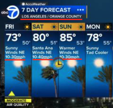 S. Ops🔥: A moderate Santa Ana wind event:  5 to 6 mb of offshore flow.  Winds of 15 to 30 mph gusts to 50 mph - then increase to "20 to 40 mph with gusts to 60 mph" Sat morning through Sun afternoon.  Gusts to 80 mph Sat morning. 10 to 15 deg. above normal Sun and Monday. #cawx