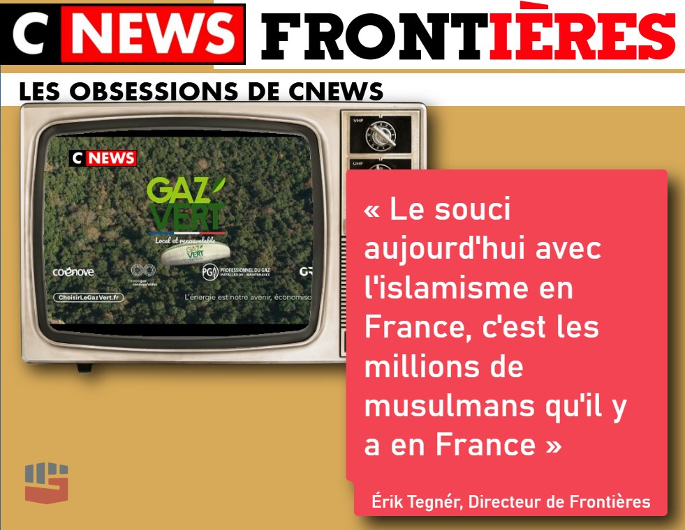 Bonjour <a href="/GRDF/">GRDF</a>,
Votre pub #GazVert passe à la fin de l'émission "100% Frontières" sur #CNews.
Vous savez ce qu'est cette émission et le média toxique qu'elle met en vedette ?
Obsession contre l'immigration, condamnation en 1e instance pour racisme, voila à quoi vous vous associez.