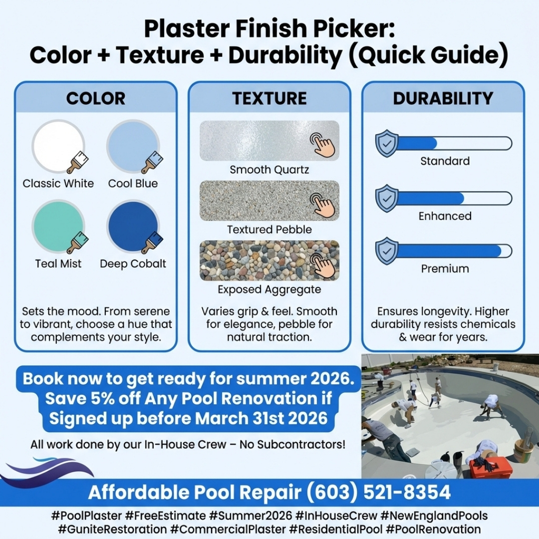 AffPoolsNH1999's tweet image. Choosing a pool plaster finish? Color changes the water’s look, texture affects comfort, and durability impacts upkeep—call (603) 521-8354 for a FREE estimate and book now for Summer 2026. #PoolPlaster #PoolFinish #PoolRenovation #GunitePool #NewEngland #InHouseCrew #FreeEstimate