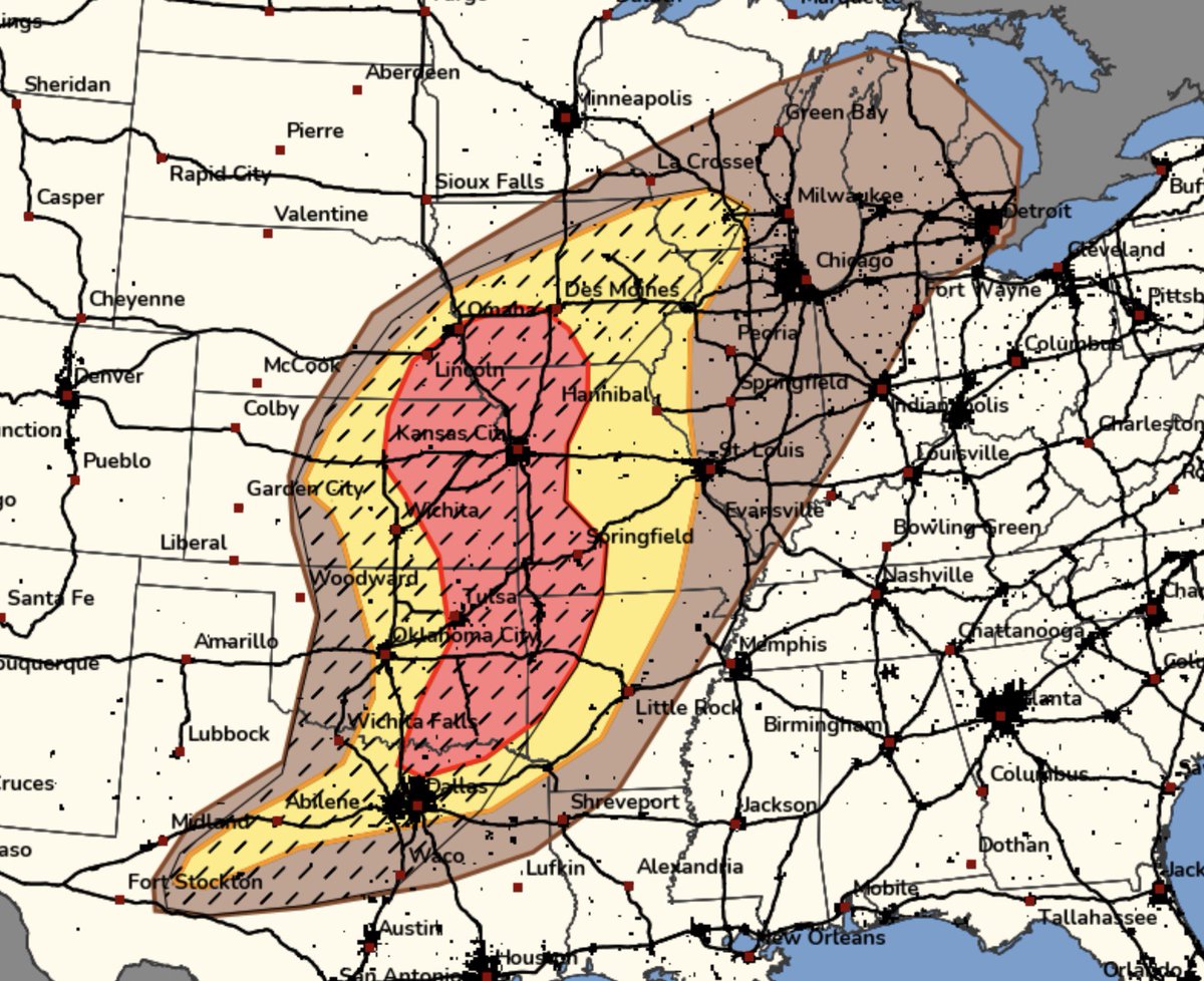 JordanHallWX's tweet photo. Here we go again the @NWSSPC has put out an enhanced risk for significant severe weather today from southern Iowa into Northeast Texas. Strong tornadoes, large hail and damaging winds will be the main threat as a crashing cold front sweeps Kansas. 
@MyRadarWX 
#okwx #kswx #mowx #newx