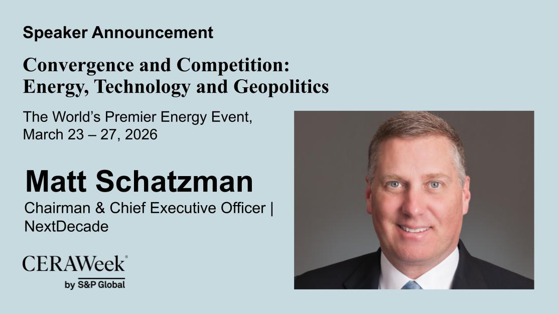 CERAWeek's tweet photo. We’re honored to welcome Matt Schatzman, Chairman &amp; Chief Executive Officer at @NextDecadeLNG to the #CERAWeek 2026 speaker lineup. Join us March 23–27 for high-value insights, collaboration, and networking. Register now: https://t.co/fWneHd2LLv https://t.co/jUG4CM6QDB