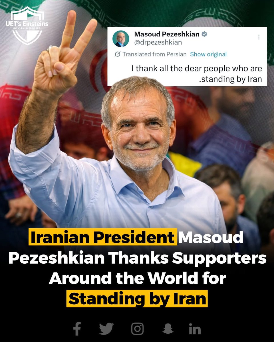 Iranian President Masoud Pezeshkian thanks people around the world for their solidarity &amp; support for Iran during these difficult times. Your voices of support are deeply appreciated.