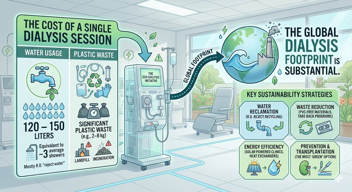 WomenNeph_india's tweet photo. A single hemodialysis session may use 120–150 liters of water and generates significant plastic waste. The global dialysis footprint is therefore substantial. 

What is your institute's dialysis load per week? Let's start calculatinggg !
#iWinChat https://t.co/of4A8W3oh1