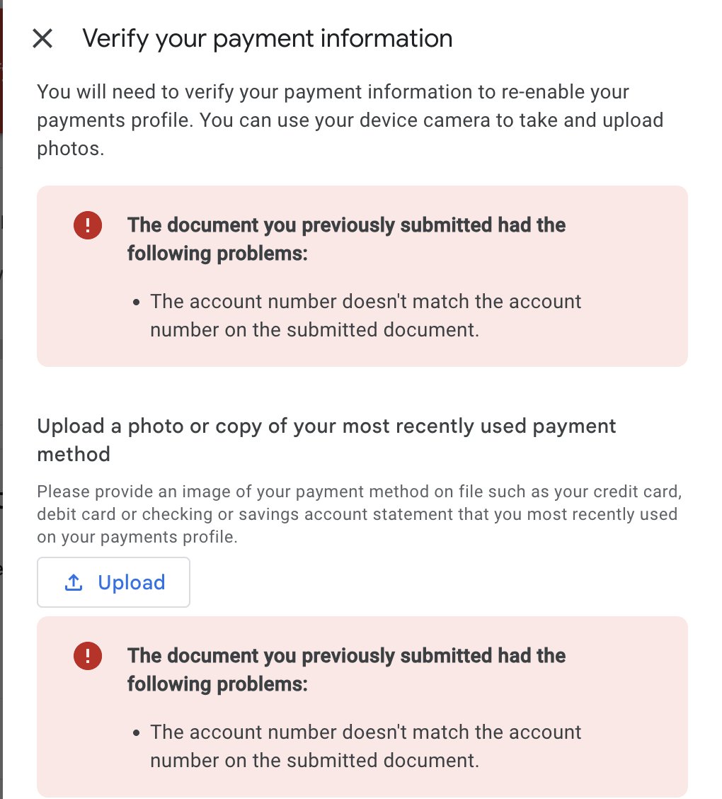 grumpystock's tweet photo. Google locked my @YouTube AdSense earnings behind a card verification for a $19 @googlecloud bill from when I was a student in 2018 with card I no longer have, and won't let me add a new one. I can't access my own money. 

Can someone in @googlecloud billing help me resolve this? https://t.co/8fsozqPy1Z