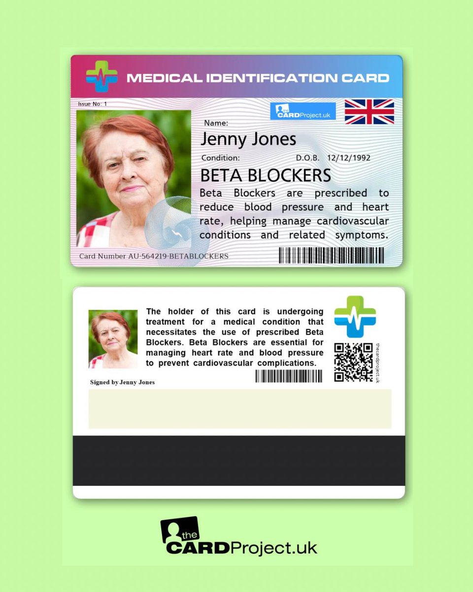 Beta blockers help manage conditions like high blood pressure, irregular heartbeats, chest pain, migraines, and anxiety. Carrying a Beta Blocker Medicine Alert ID card ensures first responders know about your medication if you’re unable to communicate it.