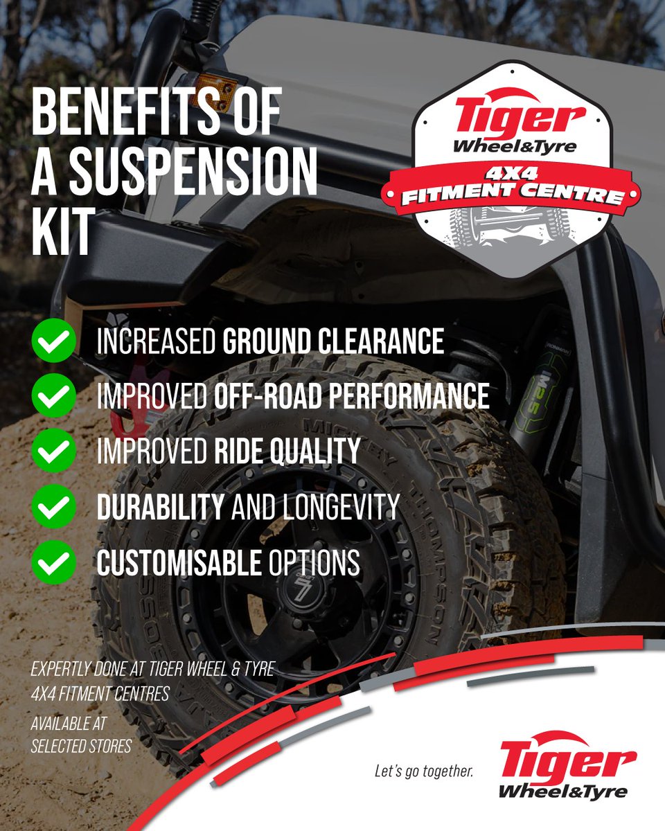 TigerWheelnTyre's tweet image. From tackling rough trails to cruising the highway, a quality suspension kit from Tiger Wheel &amp;amp; Tyre 4x4 Fitment Centres can completely transform your ride.

Upgrade your suspension &amp;amp; experience the difference every kilometre makes.

twt.co.za/contact-us/pro…

#4x4 #SuspensionKits