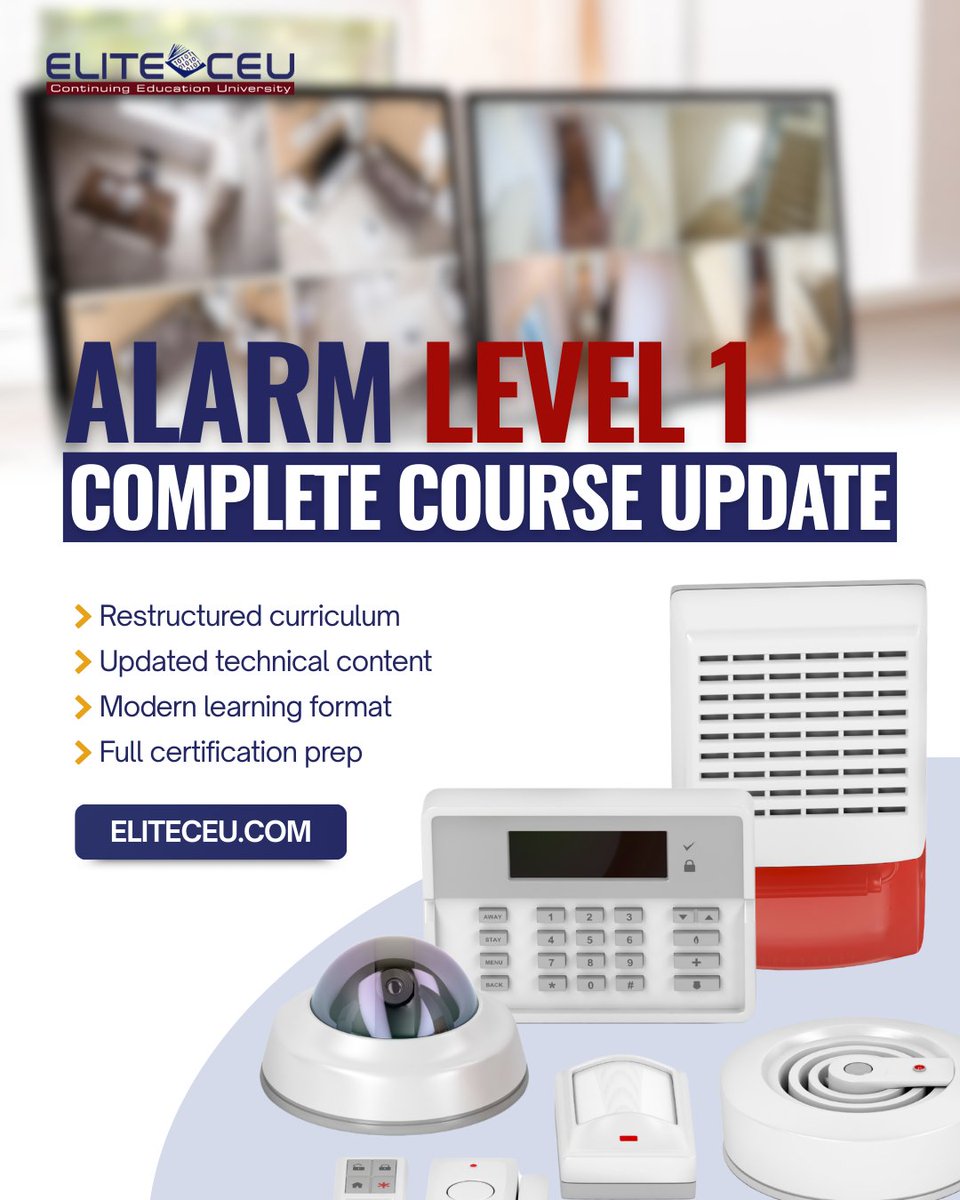 EliteCEU's tweet photo. The foundation of alarm system expertise just got stronger. 🚨

Our Alarm Level 1 Certification Course has been completely overhauled—24 hours of modernized content designed for today's security landscape.

This isn't a refresh. It's a complete reconstruction of how we teach alarm fundamentals. Better structure. Clearer explanations. More relevant examples.

Ideal for:
→ New technicians entering the field
→ Professionals seeking certification
→ Anyone needing Level 1 credentials

State-approved. Self-paced. Available now.

Start your certification journey at https://t.co/Dvc0h2viiK

#AlarmSystems #Level1Certification #SecurityTraining #CareerStart #ProfessionalCertification