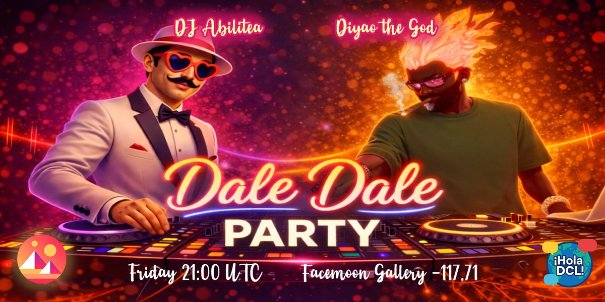 Meryshark's tweet photo. 🥳Dale Dale Party is TODAY!

Join us at Facemoon Gallery for a night full of music and good vibes in @decentraland 

🎧 Live DJs:
@DJAbilitea  &amp; @Trmarkets2022 
🎁 FREE wearable for attendees

📍 -71,117🕘 21:00 UTC
#Metaverse #Web3Gaming 

More info:
https://t.co/uqiHxAryLR https://t.co/waEzq9LOBM