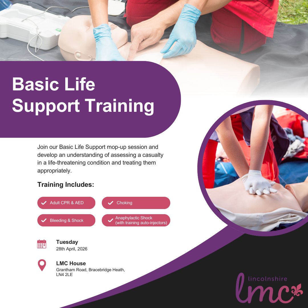 Book now! Basic Life Support Mop-Up Session. 

Topics include: Recovery positions, Adult CPR &amp; AED, Choking, Bleeding &amp; Shock and Anaphylactic shock. 

Tuesday 28th April | 10:00 - 13:30

Secure your spot: lincslmc.co.uk/product/basic-…

#LincsLMC #LincsLMCDevelopmentCentre