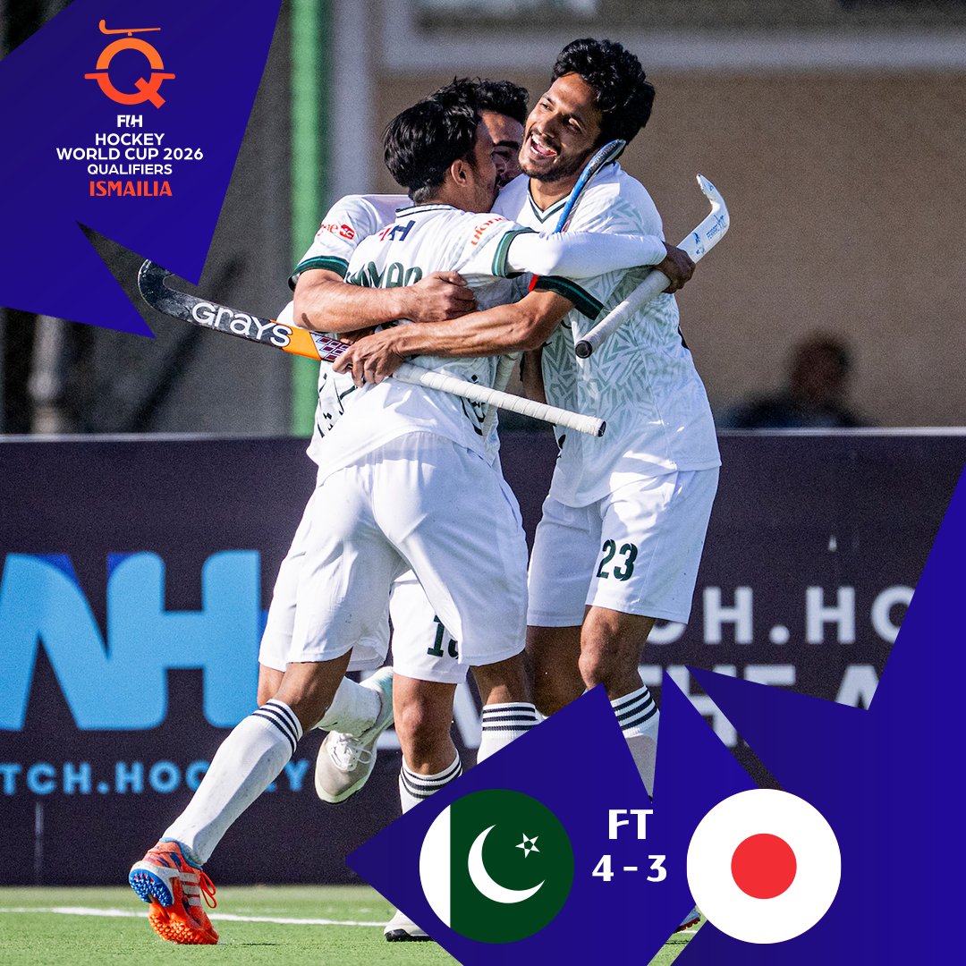 FIH_Hockey's tweet photo. 𝐅𝐮𝐥𝐥 𝐓𝐢𝐦𝐞: 𝐏𝐚𝐤𝐢𝐬𝐭𝐚𝐧 𝟒 - 𝟑 𝐉𝐚𝐩𝐚𝐧

Joy for Pakistan, heartbreak for Japan.

Pakistan overcome a resilient Japanese challenge, striking three times in the final quarter to seal their place at the FIH Hockey World Cup 2026. 🏑🔥

📱 Stream all the matches on https://t.co/pmpjGVQZ7f 

#HWC2026