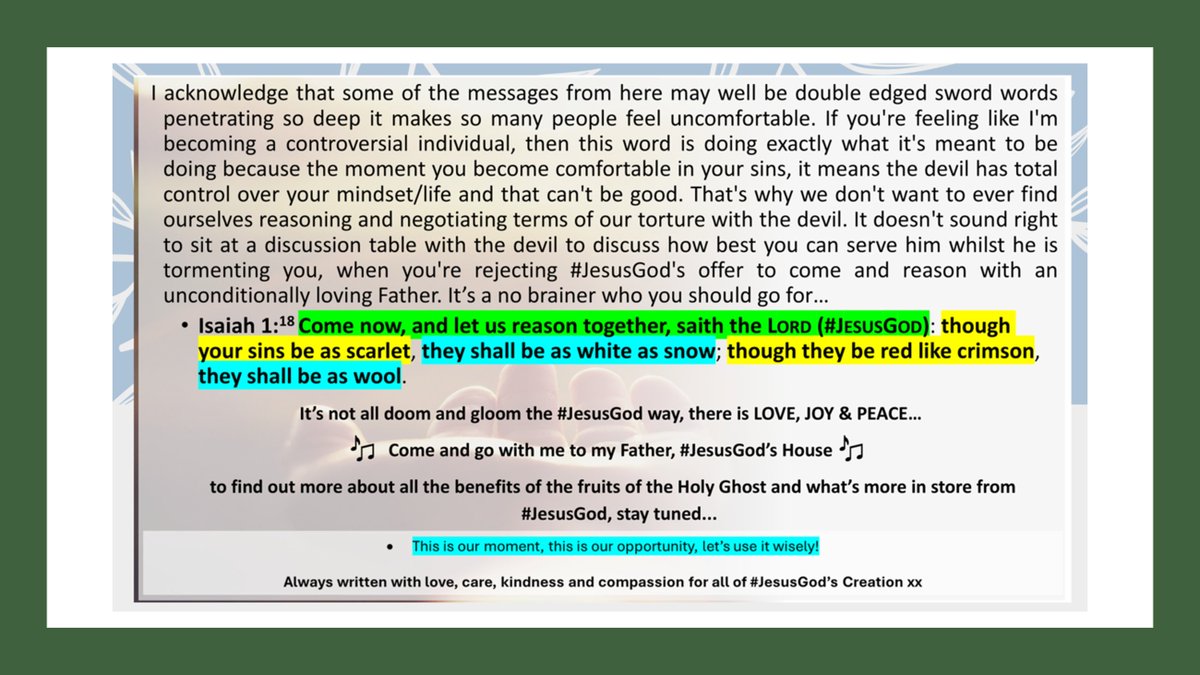 lilian_chiwera's tweet image. Who would you rather reason with or commune with - the devil or #JesusGod?... Choose wisely!
🎼Come and go with me to our Father, #JesusGod's house to find out more about the #JesusGod agenda, I promise you that you won't be disappointed🎼 Enjoy the beautiful music 😃