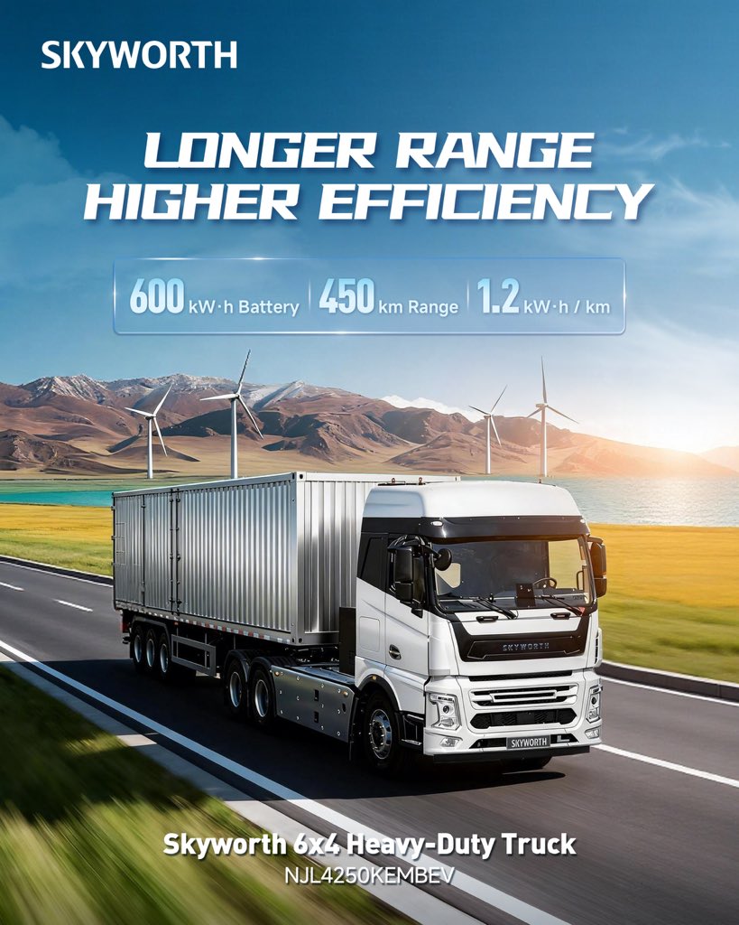 Heavy Duty. Light on Energy. Meet the Skyworth Pure Electric Semi Tractor NJL4250KEMBEV! Equipped with a massive 600 kWh battery, it delivers up to 450 km on a single charge. Consuming just 1.2 kWh per kilometer, it makes every kilowatt count.
#SkyworthAuto #ElectricTruck
