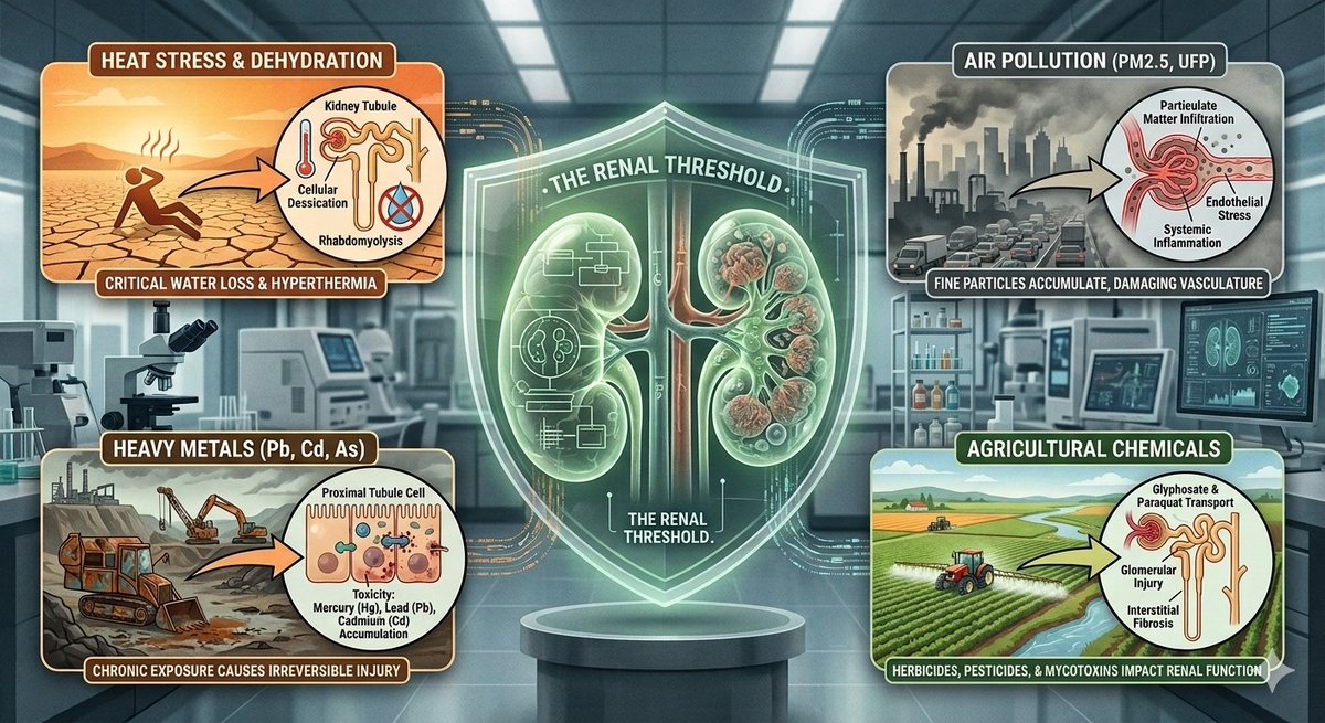 WomenNeph_india's tweet photo. Environmental exposures associated with kidney injury include:
 • Heat stress and dehydration
 • Air pollution
 • Heavy metals
 • Agricultural chemicals

The kidney is particularly vulnerable to environmental stressors. #iWinChat https://t.co/8lIiTqY7B5