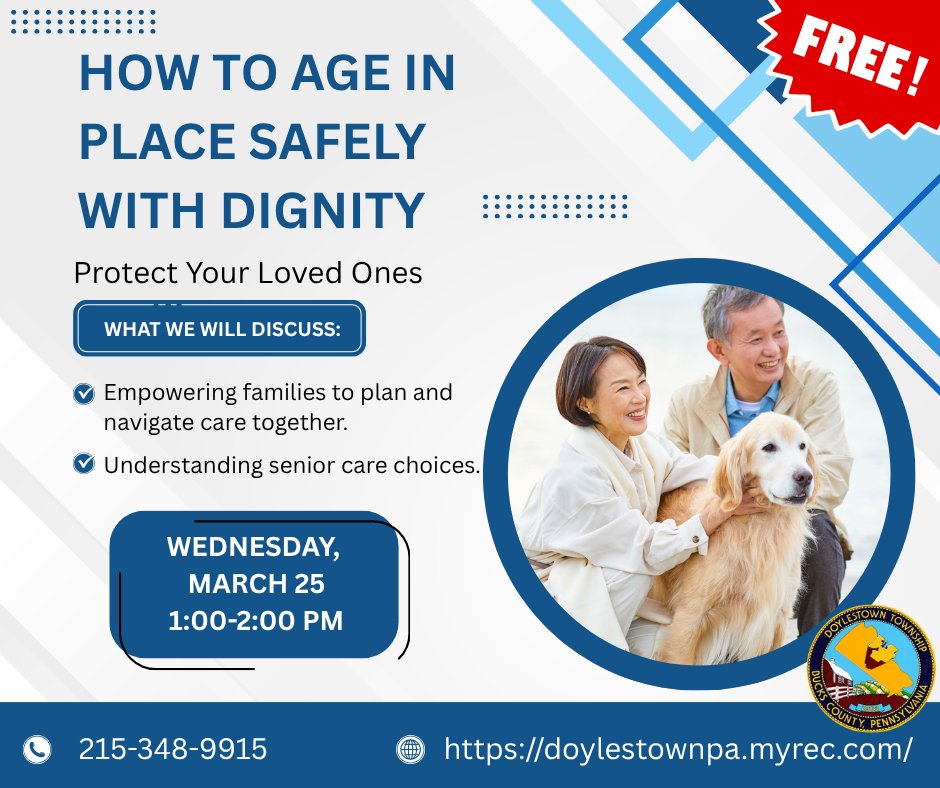 DoylestownTwp's tweet image. Aging doesn’t mean giving up independence 💪

Join us for How to Age in Place Safely with Dignity — a free session on senior living options, hospital transitions, and safe discharges home.

🔗 Register: doylestownpa.myrec.com/info/activitie…

#AgingWithDignity #AgingInPlace #SeniorLiving
