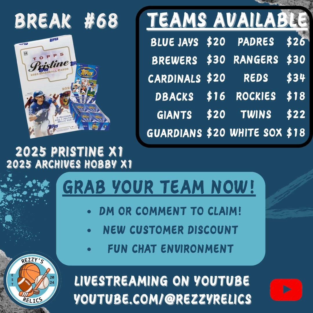 🚨NEW BREAK🚨

⚾️Break #68
'25 Pristine x1
'25 Archives Hobby x1

5 total autos
12 teams left &amp; can break tonight if filled.

$5 stack shipping
New customers get $10 off orders $21+

#RezzyRips #thehobby #HobbyX #TBBReposts <a href="/HobbyUnlimited/">Hobby Man</a>