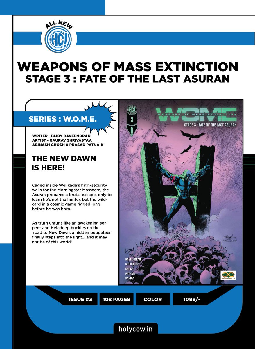 HolyCowEnt's tweet photo. With the release of WOME 3, we r just 1 more book away to complete the bestselling saga featuring The Last Asuran.

Written by @BijoyRaveendran 3 parts are now available with: https://t.co/BmdPunHWfZ &amp; https://t.co/QZ6L0tE1lp

#indiancomicbooks #thelastasuran #wome #comicconindia https://t.co/tD6cBqlXqY