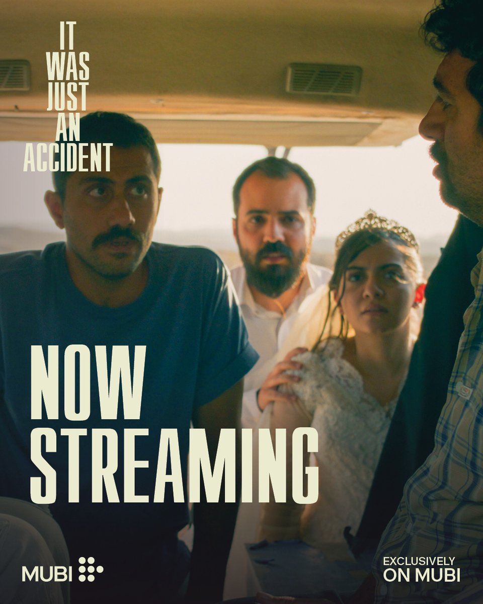 mubi's tweet photo. An abduction. An accusation. Two Oscar nominations.

Jafar Panahi’s Palme d’Or winner IT WAS JUST AN ACCIDENT is now streaming in the UK, Latin America, Germany, Turkey, Canada, Ireland, India and more. https://t.co/IG1j9IXm9r
