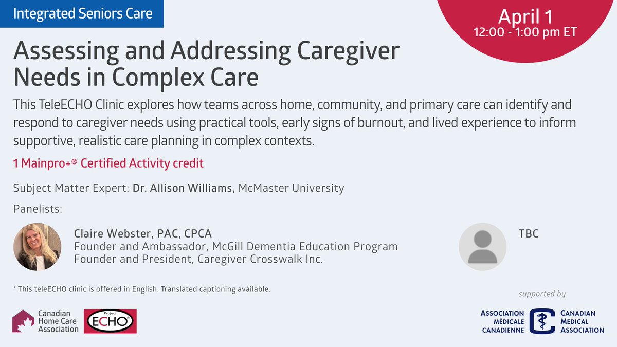 CdnHomeCare's tweet photo. Caregivers are essential partners in dementia care, but the emotional, physical, and financial toll they experience often goes unseen. Unrecognized caregiver stress can have major implications, not only for caregiver wellbeing, but for client outcomes, system navigation, and continuity of care.

This TeleECHO clinic with Dr. Allison Williams and Claire Webster will explore how we can better identify and respond to caregiver needs in real-time. Through a combination of evidence, lived experience, and practical strategies, the session will highlight how structured assessment tools, can help teams flag stress, validate caregiver experiences, and provide timely support.

Participants will also reflect on how to build trusting relationships with caregivers, recognize early signs of burnout, and create care plans that acknowledge and address caregiver capacity, particularly in complex or long-term dementia care scenarios.

Learn more and register: hhttps://us02web.zoom.us/webinar/register/WN_7Esf7P1CSOuWxa7vvww3AA#/registration

---

Les soignant.e.s sont des partenaires essentiel.le.s en soins de démence, mais le fardeau émotionnel, physique et financier qu’iels doivent porter reste souvent invisible. Le stress invisible des soignant.e.s peut avoir des conséquences majeures, non seulement pour le bien-être de ceux-ci et celles-ci, mais aussi pour les client.e.s, la navigation systémique et la continuité des soins.
 
Cette session TeleECHO avec Dr. Allison Williams et Claire Webster explorera les moyens disponibles pour mieux identifier et répondre aux besoins des soignant.e.s, en temps réel. Grâce à un mélange de data, de témoignages et de stratégies pratiques, la session mettra en valeur l’utilité d’outils structurés pour aider les équipes de soins à signaler le stress, valider l’expérience des soignant.e.s et fournir du soutien au bon moment.
 
Les participant.e.s pourront aussi réfléchir aux moyens de bâtir des relations de confiance avec les soignant.e.s, de reconnaître les signes précurseurs de la fatigue professionnelle et de créer des plans de soins qui prennent en compte la capacité des soignant.e.s, particulièrement en scénarios de soins complexes ou de soins de démence sur le long terme.
 
Apprenez-en plus et enregistrez-vous : https://t.co/dJTib5WSYX