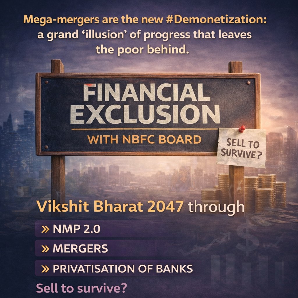 bankaffairs's tweet image. Dear @DFS_India kindly remember Mega-mergers are the new #Demonetization: a grand 'illusion' of progress that leaves the poor behind

"Mega-Merger" is a Jhumla. 🛑
​
"They show us ₹5,100 in Jan Dhan accounts and call it 'Inclusion.' I call it an Illusion. 🎭

​While the govt