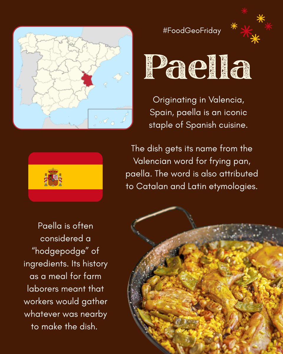 AmericanGeo's tweet photo. #foodgeofriday Paella, originating in Valencia, Spain, is an iconic staple of Spanish cuisine. Paella is often considered a "hodgepodge" of ingredients. Its history as a meal for farm laborers meant that workers would gather whatever was nearby to make the dish. https://t.co/lHOlnSJkcp