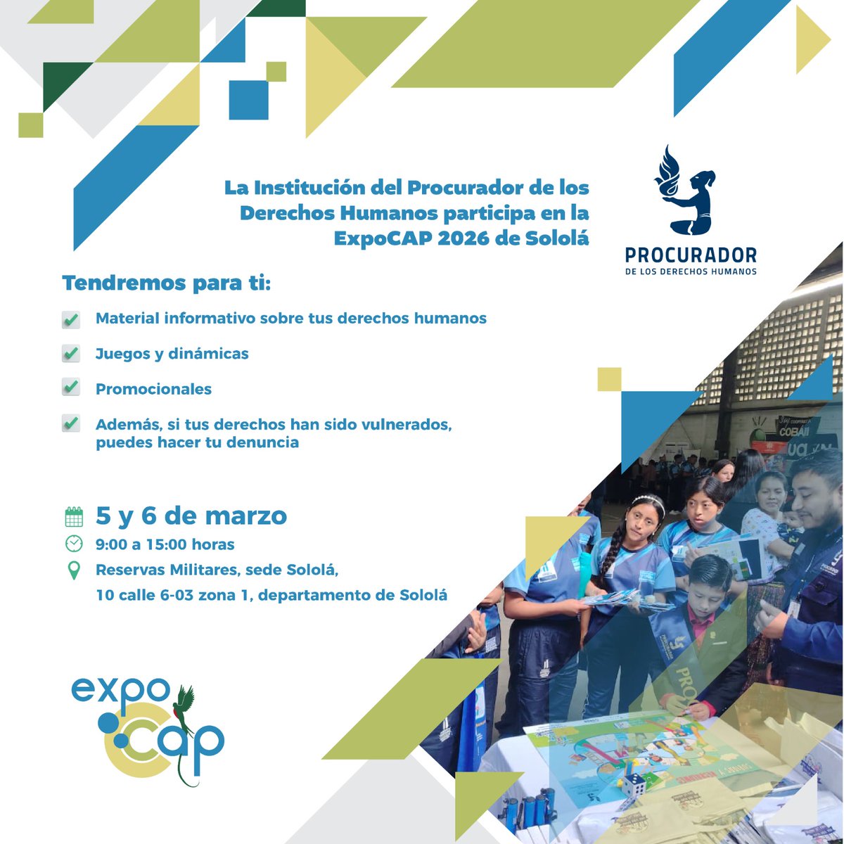 PDHgt's tweet photo. 📢La Institución del @PDHgt participa en la #ExpoCAP 2026🙌

📍#Solola,
Reservas Militares
10 calle 6-03 zona 1
🗓️5 y 6 de marzo
⏰9:00 a 15:00 horas

Mira todo lo que tenemos para ti 🤩
#ExpoCAP #Prevencióndelamigraciónirregular #Queelsueñodemigrarnoseconviertaenpesadilla #Sololá