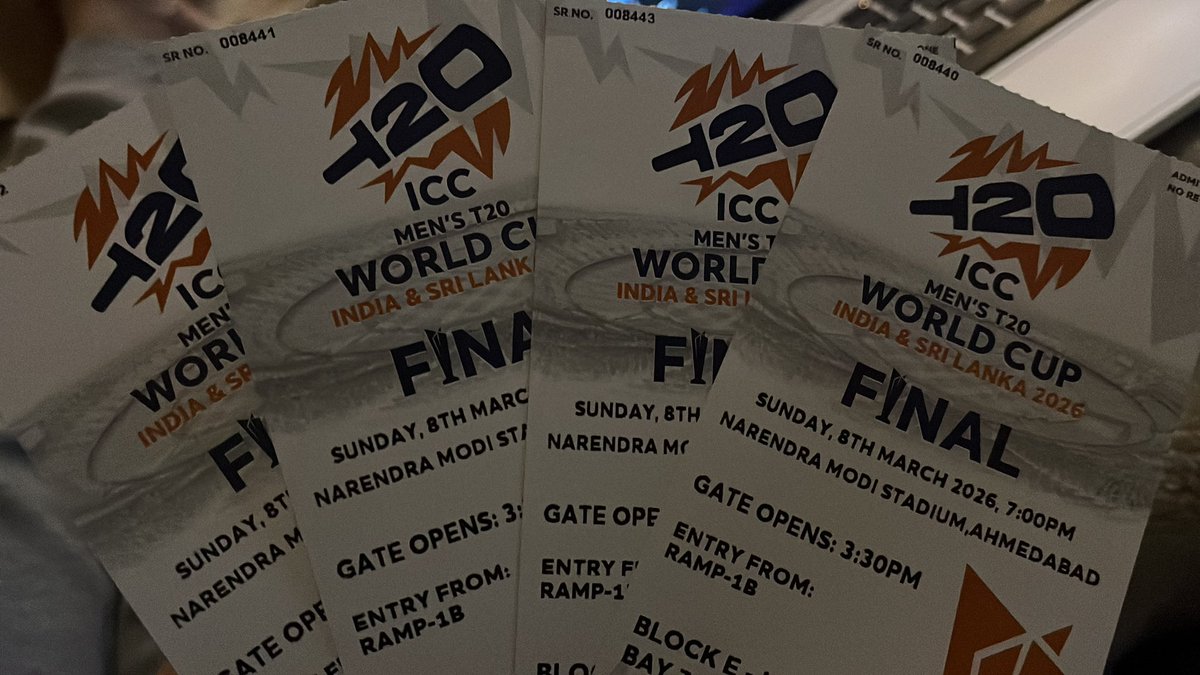 TusharGuptatech's tweet photo. India vs New Zealand T20 World Cup Final! Have tickets available, DM to know more🏴 #INDvsNZ #T20WorldCup #CricketFever  #bookmyshow #T20WC2026 #T20WorldCupFinal https://t.co/Fk5ieX0qY1