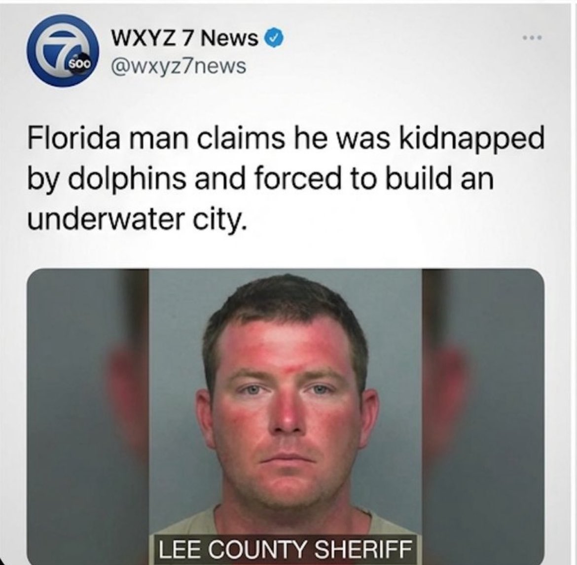 florida_grand's tweet photo. Florida Man Fridays — via Fort Myers

According to the Lee County Sheriff police report, Ricky James Hollowell, 33, was found barefoot, severely sunburned, and wearing only swim trunks after deputies responded a motorist reported a man standing on the shoulder of the Sanibel Causeway "soaking wet and drawing blueprints in the sand." He told deputies he had been "taken against his will by a pod of dolphins 3 days ago" and forced to work on what he called "an underwater construction project."

According to Hollowell and the police report:
Hollowell claimed the dolphins approached him while he was swimming off Fort Myers Beach and "escorted him to a site approximately 40 feet below the surface" where they needed help building structures
He told officers the dolphins communicated through "a series of clicks that he eventually learned to interpret" and that the project foreman was a dolphin he referred to as "Gerald.” 
When asked how he breathed underwater for 3 days he said "Gerald handled that. I didn't ask questions. You don't question Gerald.”

He had drawn an elaborate blueprint in the sand that deputies described as "detailed enough to be concerning" including what appeared to be condos, a town square, and a recreation center. (Borrowed from several places on the world wide web.)