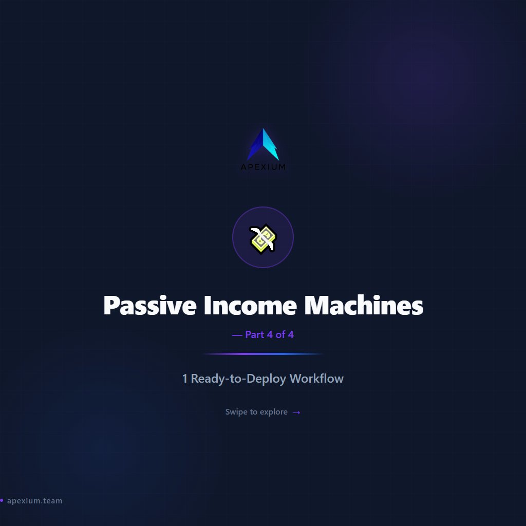 apexium0101's tweet photo. Set-and-forget systems that generate revenue on autopilot (Part 4/4)

1 Passive Income Machines workflows — ready to deploy:

→ AI Cookbook + Recipe Book Publisher

Automated revenue streams that work while you sleep.

Built with n8n. No code required.

#n8n #Automation #PassiveIncome #MakeMoneyOnline