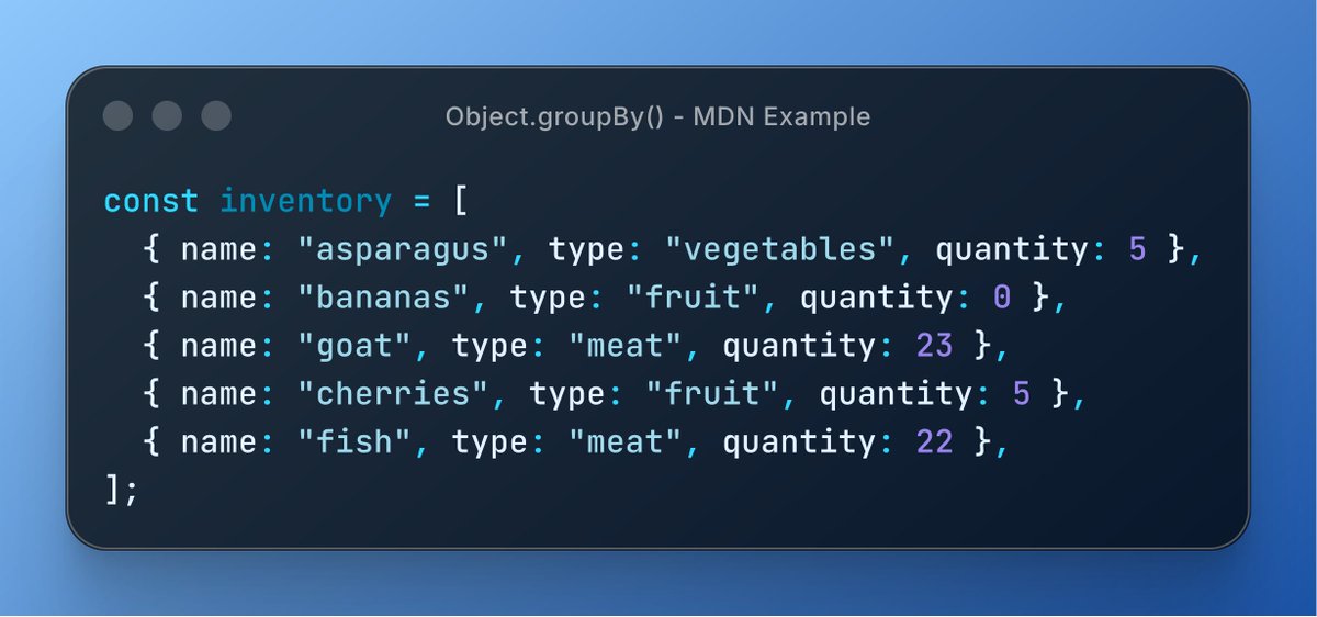 Stop writing reduce() just to group an array ✋

`Object.groupBy()` works on all major browsers, helping you group array elements by any key in one line.

Clean, readable, no dependencies.

Learn more 👇
developer.mozilla.org/en-US/docs/Web…