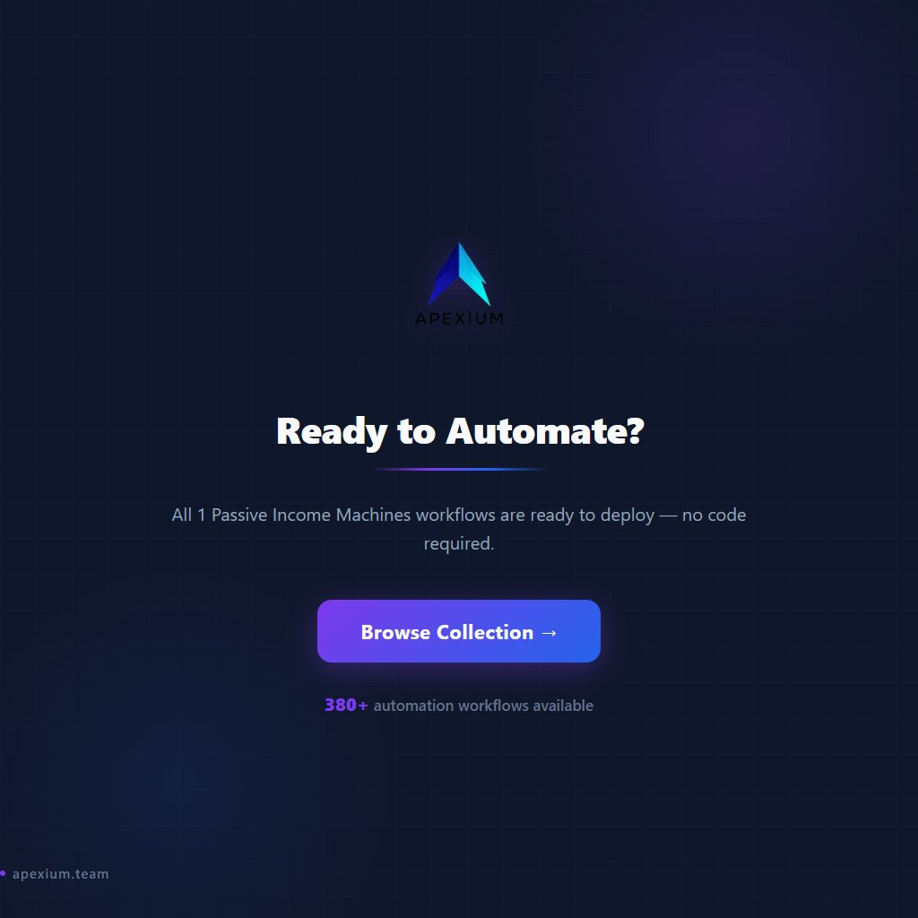 apexium0101's tweet photo. Set-and-forget systems that generate revenue on autopilot (Part 4/4)

1 Passive Income Machines workflows — ready to deploy:

→ AI Cookbook + Recipe Book Publisher

Automated revenue streams that work while you sleep.

Built with n8n. No code required.

#n8n #Automation #PassiveIncome #MakeMoneyOnline