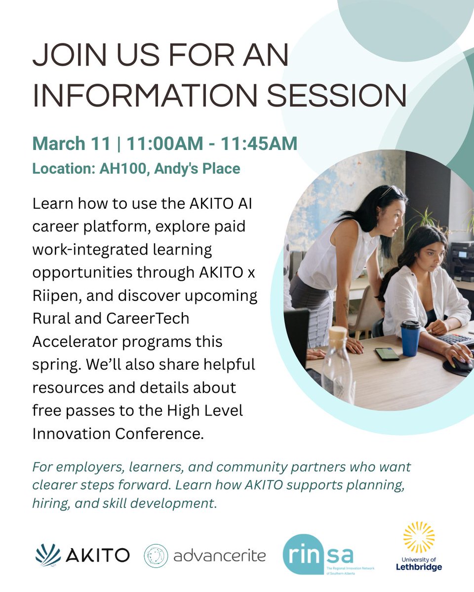 tecconnectAB's tweet photo. Final call for registration!

Advancerite is hosting an AKITO Information Session for students and job seekers ready to gain paid, hands-on experience through AKITO x Riipen.

Spots are filling quickly. Register now: https://t.co/Kkyn98urVw https://t.co/DPUOrA0DMi