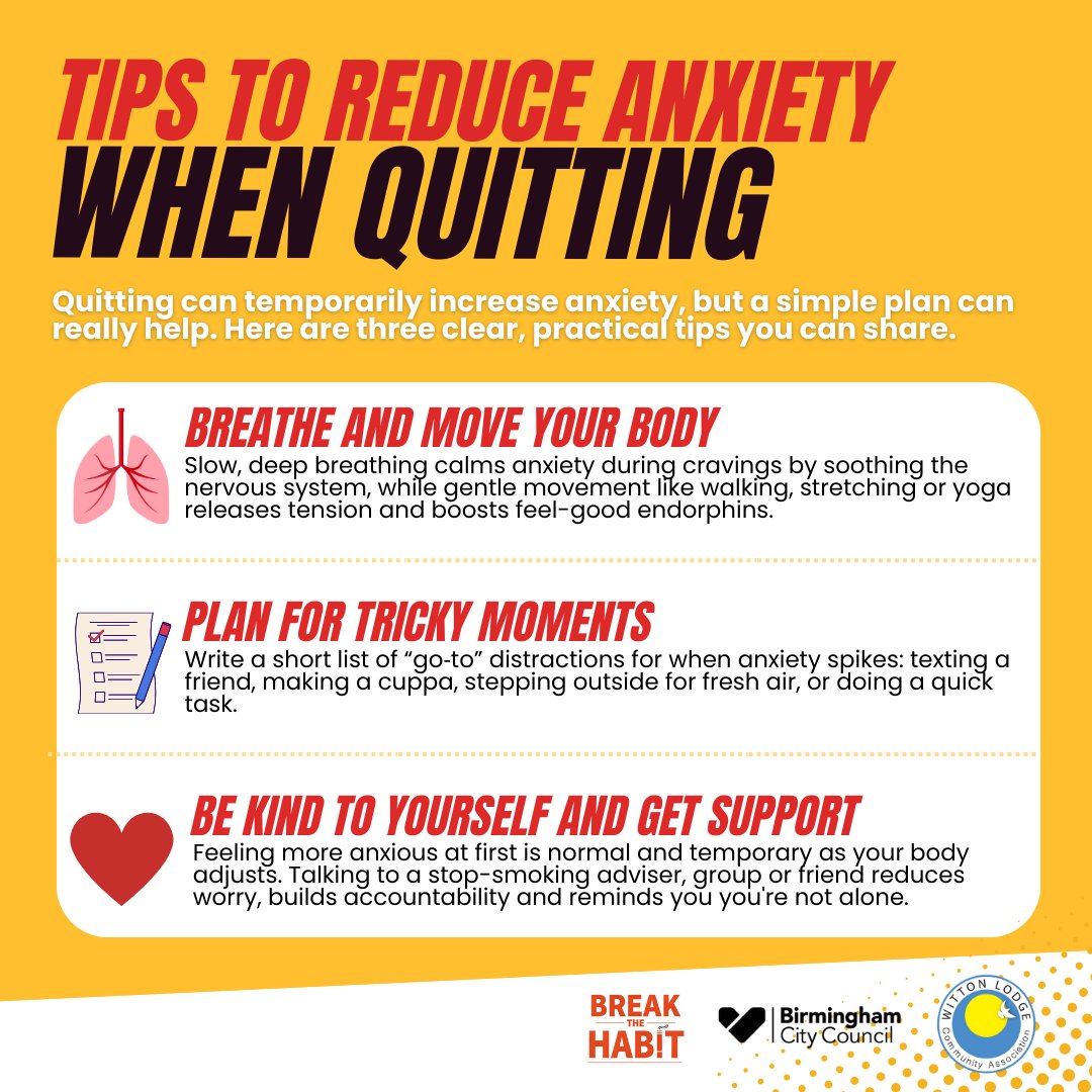 wittonlodge's tweet photo. Feeling anxious about quitting is completely normal – and you don’t have to do it alone. 💛 

Our Break the Habit team offers friendly support, free NRT, practical tips to manage cravings and regular check‑ins so you feel calmer and more in control. 🚭 

More info: 0121 827 6295 https://t.co/V9MYY9SldG