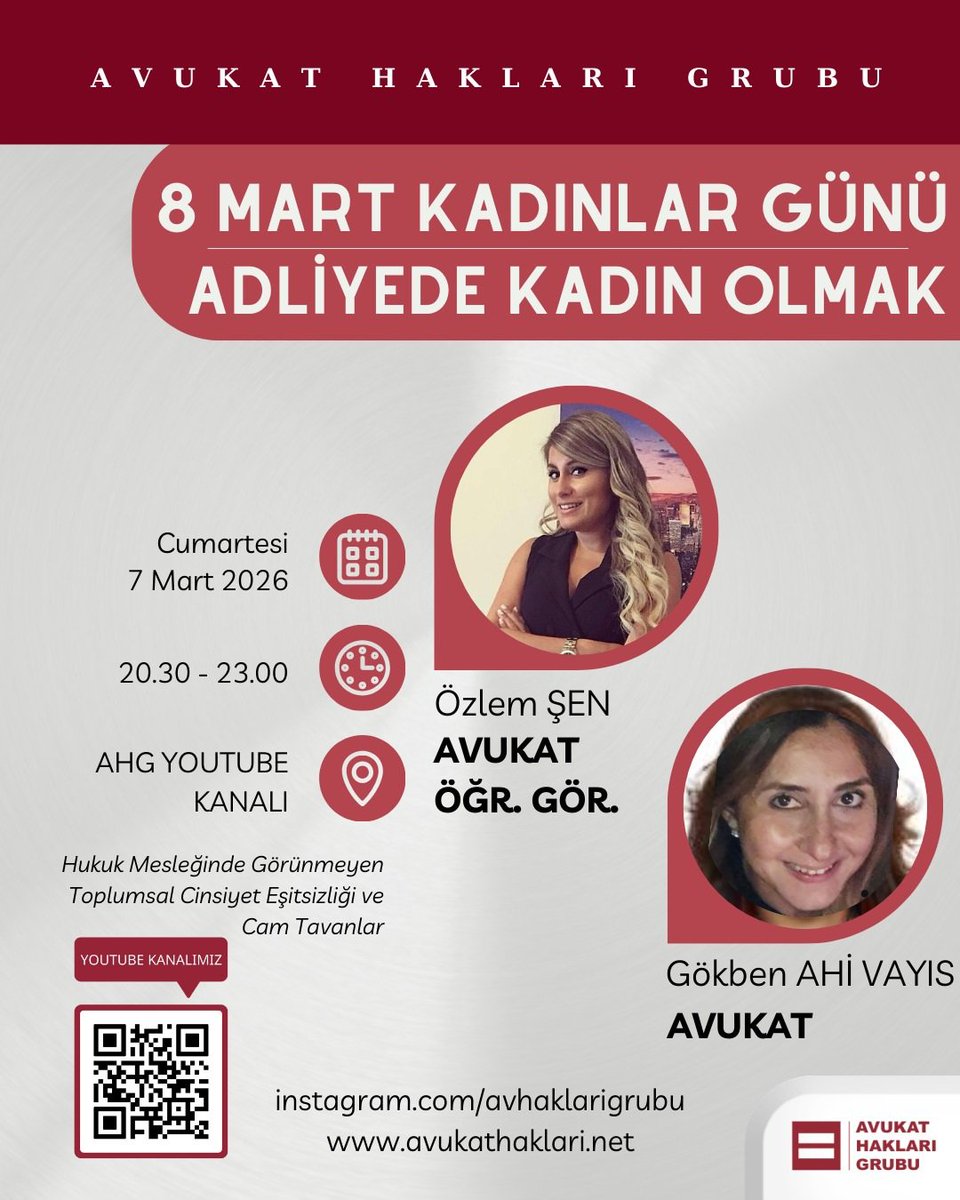 ♀️8 MART SÖYLEŞİSİ

"ADLİYEDE KADIN OLMAK"

Adliye koridorlarında, duruşma salonlarında ve ofislerde kadın avukat olmak ne anlama geliyor?

🟣8 Mart Dünya Emekçi Kadınlar Gününde, hukuk mesleğindeki "görünmeyen" engelleri konuşuyoruz.

⚖️"Adliyede Kadın Olmak" konulu özel canlı