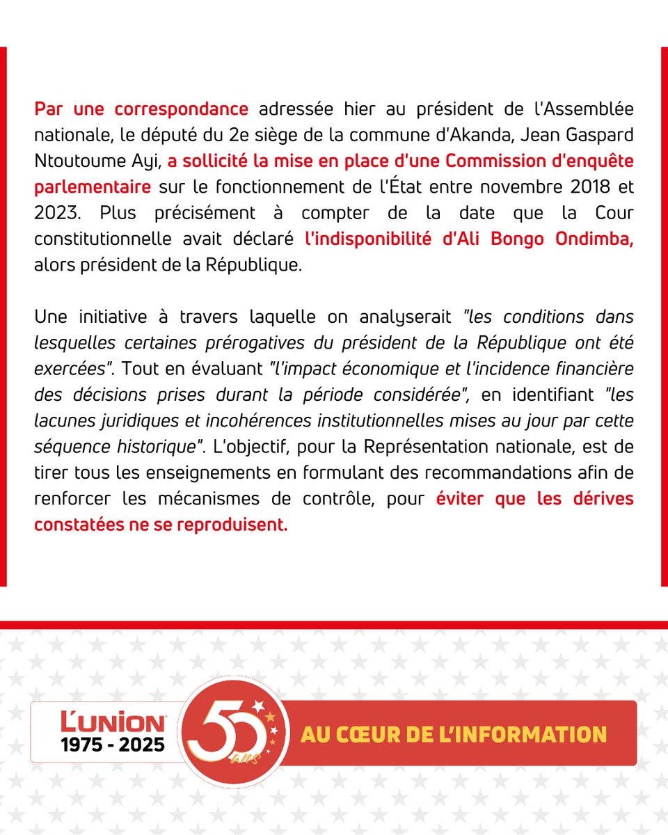 lunionga's tweet image. #Express - ASSEMBLÉE NATIONALE : NTOUTOUME AYI SOLLICITE LA MISE EN PLACE D'UNE COMMISSION D'ENQUÊTE PARLEMENTAIRE
--
🔗 Site → lunion.ga
📞 Annonces→ 077 91 87 07
🔗 Pub → publicom.ga

WhatsApp → zurl.co/2rkJ

#LunionGA #Gabon #Politique