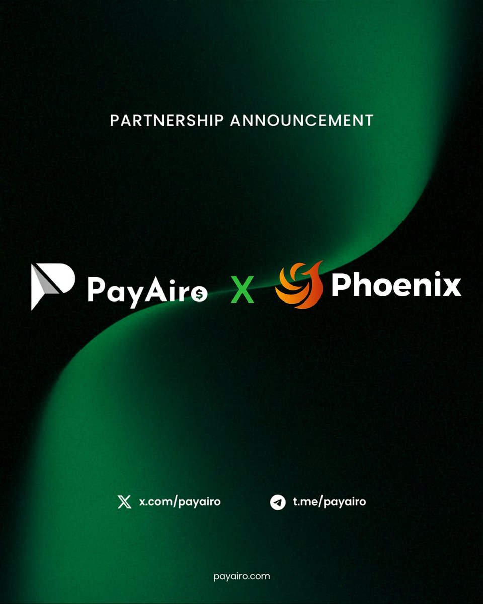🤝 PayAiro × Phoenix Finance

PayAiro has partnered with <a href="/Phnx_fi/">Phoenix Finance</a>, an RWA-driven yield-bearing stablecoin protocol built to put idle on-chain assets to work.

PayAiro's fiat and crypto infrastructure now connects with Phoenix's composable yield layer, so users can fund, spend,
