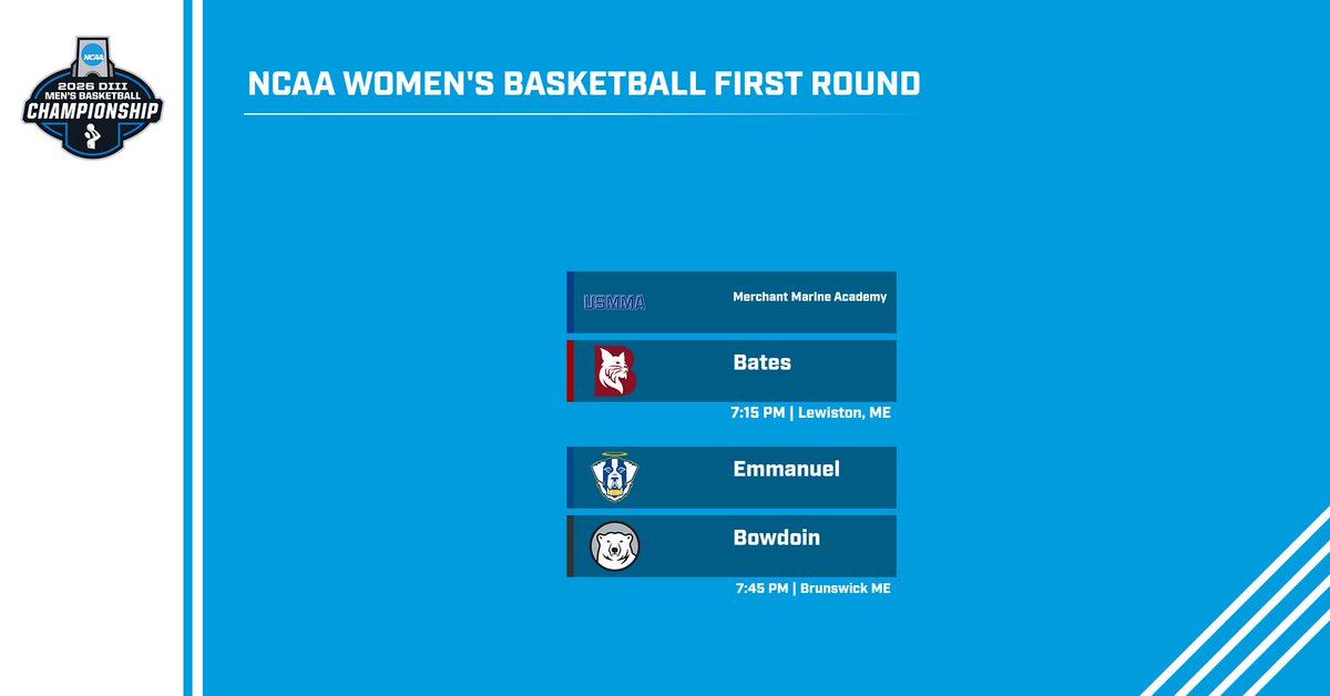 🏀NCAA Women's Basketball  

Bates &amp; Bowdoin will host first/second round NCAA games starting tonight at 7:15pm > nescac.com/news/2026/3/6/…

Watch all NCAA games on the NCAA Champs Pass. App available for Roku, AppleTV, Amazon Fire TV, Android TV > ncaa.com/champs-pass