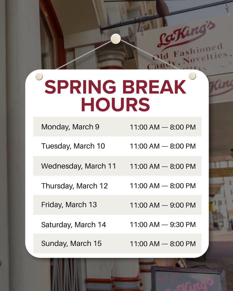 lakingscandy's tweet photo. Here's a look at our #SpringBreak hours! Grab a friend and come see us! ☀️

#LaKingsGalveston #GalvestonTX #GalvestonIsland https://t.co/duocnVVPp7