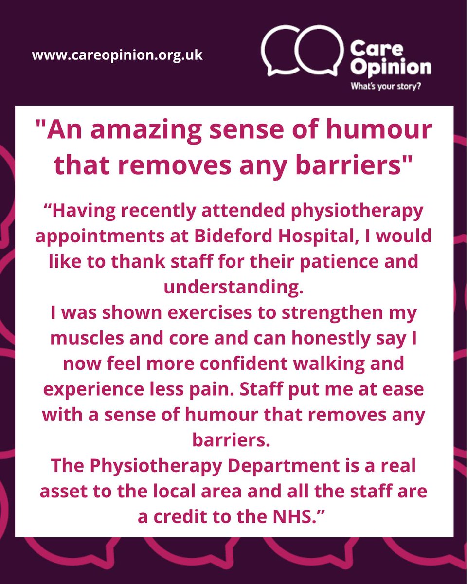 RoyalDevonNHS's tweet image. 📣Well done to our Physiotherapist colleagues working in Bideford Hospital, North Devon for this fantastic feedback on Care Opinion. 👏 
Read the full feedback 👉 careopinion.org.uk/1416180 
🎤Tell your story at careopinion.org.uk/tellyourstory
#FeedbackFriday