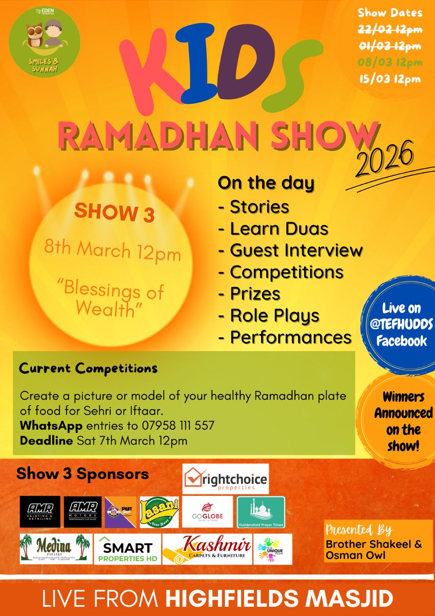 Kids Ramadhan Show 3

If you haven’t signed up for the show yet, there’s still time! 🎉
Make sure to register and be part of the fun.

JazakAllah
#edenfoundation #kidsramadhanshow #Highfields #ramadan2026 #ramadhan 

forms.gle/srCLXNZmjfDmEE…